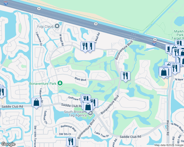 map of restaurants, bars, coffee shops, grocery stores, and more near 16551 Blatt Boulevard in Weston