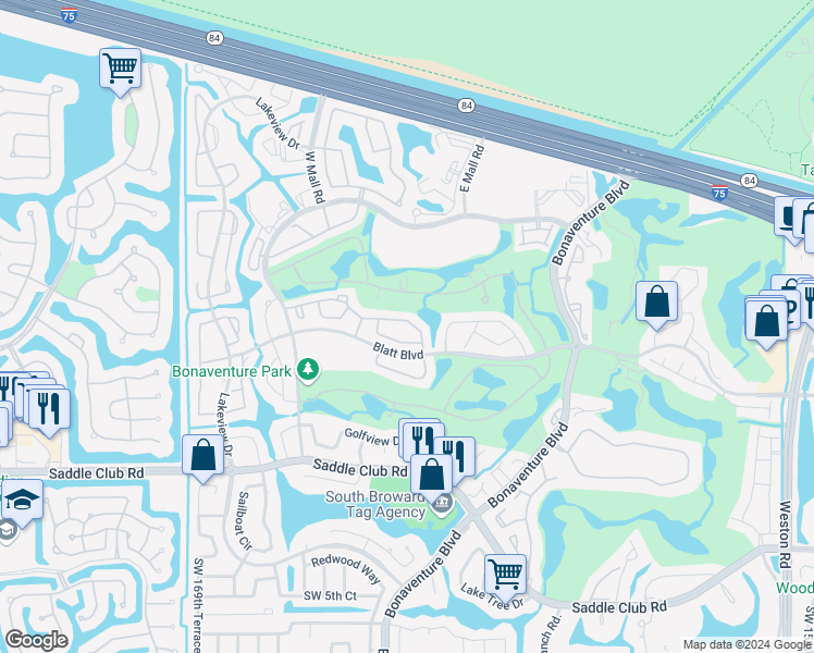 map of restaurants, bars, coffee shops, grocery stores, and more near 16663 Hemingway Drive in Weston