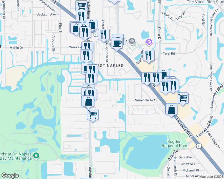 map of restaurants, bars, coffee shops, grocery stores, and more near 3355 Basin Street in Naples