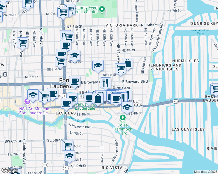 map of restaurants, bars, coffee shops, grocery stores, and more near 2 Southeast 13th Avenue in Fort Lauderdale
