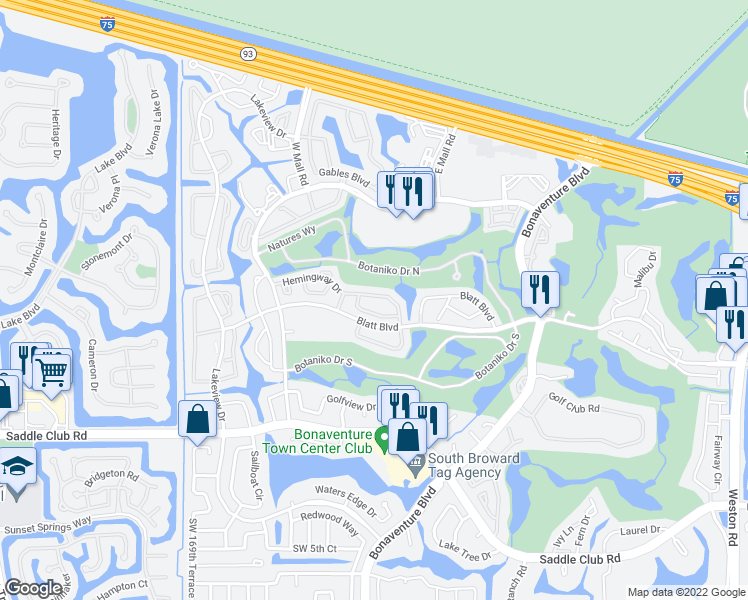 map of restaurants, bars, coffee shops, grocery stores, and more near 16663 Hemingway Drive in Weston