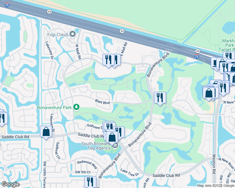 map of restaurants, bars, coffee shops, grocery stores, and more near 16551 Blatt Boulevard in Weston