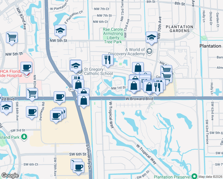 map of restaurants, bars, coffee shops, grocery stores, and more near 113 Northwest 73rd Terrace in Plantation