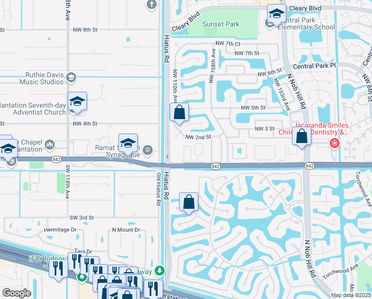 map of restaurants, bars, coffee shops, grocery stores, and more near 80 Northwest 110th Terrace in Plantation