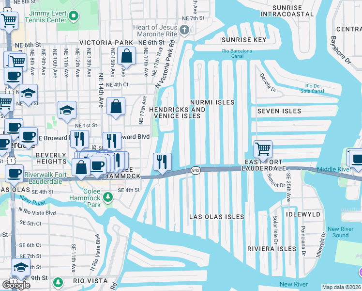 map of restaurants, bars, coffee shops, grocery stores, and more near 65 Hendricks Isle in Fort Lauderdale