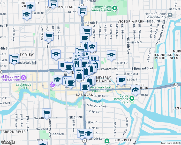 map of restaurants, bars, coffee shops, grocery stores, and more near 720 East Broward Boulevard in Fort Lauderdale