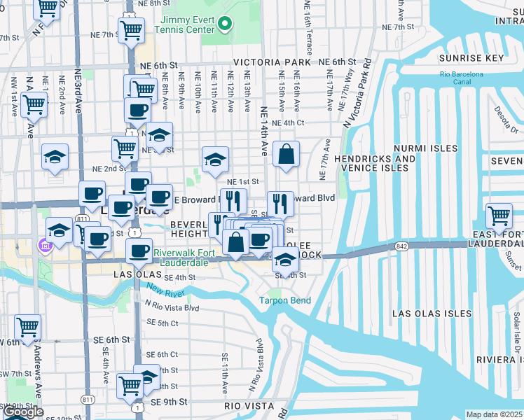 map of restaurants, bars, coffee shops, grocery stores, and more near 2 Southeast 13th Avenue in Fort Lauderdale