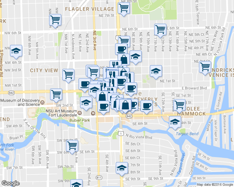 map of restaurants, bars, coffee shops, grocery stores, and more near 199 South Federal Highway in Fort Lauderdale