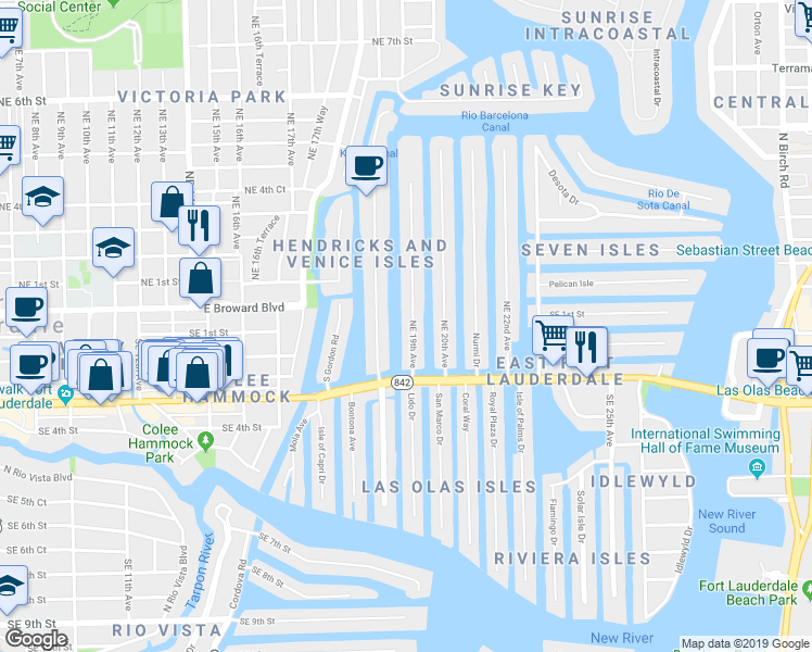 map of restaurants, bars, coffee shops, grocery stores, and more near 57 Isle of Venice Drive in Fort Lauderdale
