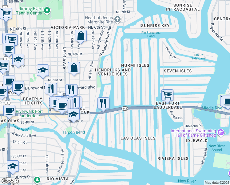 map of restaurants, bars, coffee shops, grocery stores, and more near 65 Hendricks Isle in Fort Lauderdale