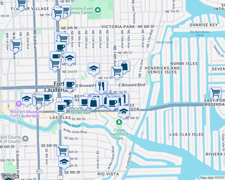 map of restaurants, bars, coffee shops, grocery stores, and more near 2 Southeast 13th Avenue in Fort Lauderdale