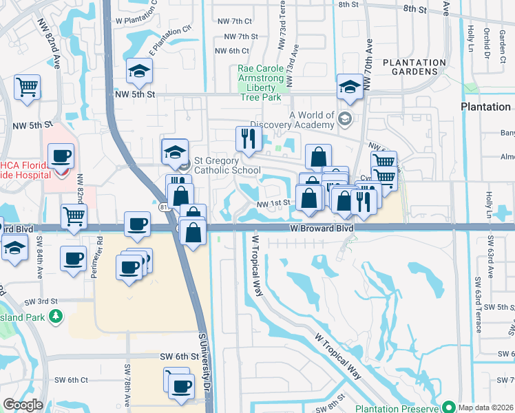 map of restaurants, bars, coffee shops, grocery stores, and more near 113 Northwest 73rd Terrace in Plantation