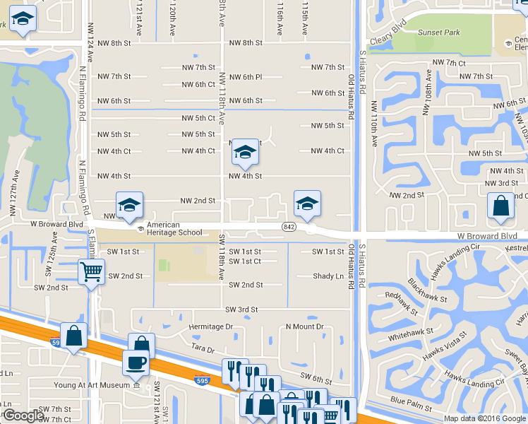 map of restaurants, bars, coffee shops, grocery stores, and more near 11710 Northwest 2nd Street in Plantation