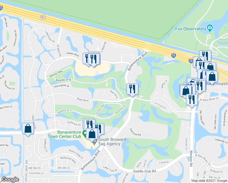 map of restaurants, bars, coffee shops, grocery stores, and more near 16509 Botaniko Drive North in Weston