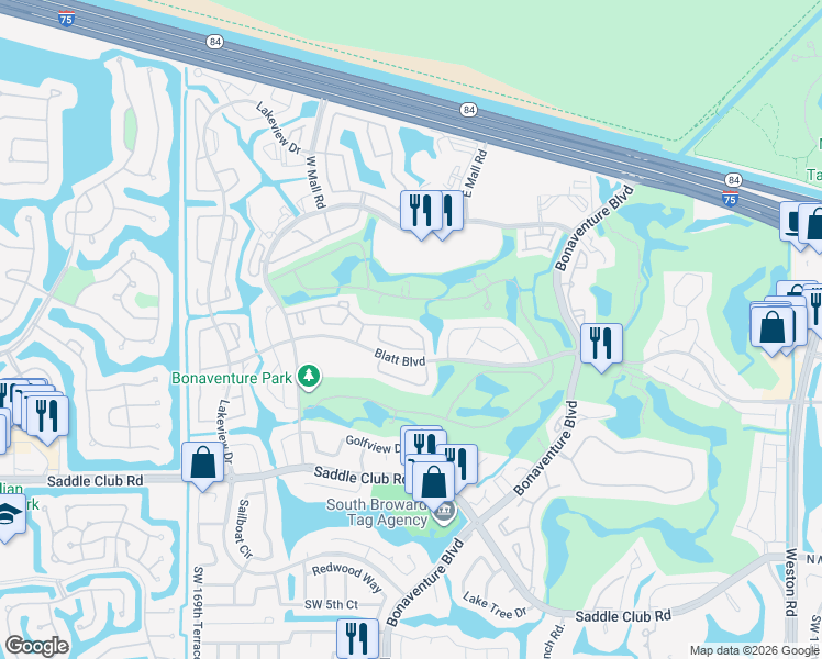 map of restaurants, bars, coffee shops, grocery stores, and more near 16663 Hemingway Drive in Weston