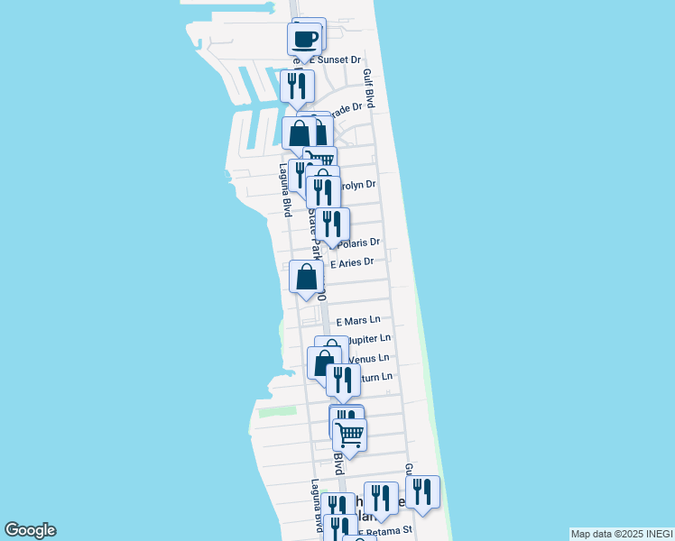 map of restaurants, bars, coffee shops, grocery stores, and more near 5000 Padre Boulevard in South Padre Island