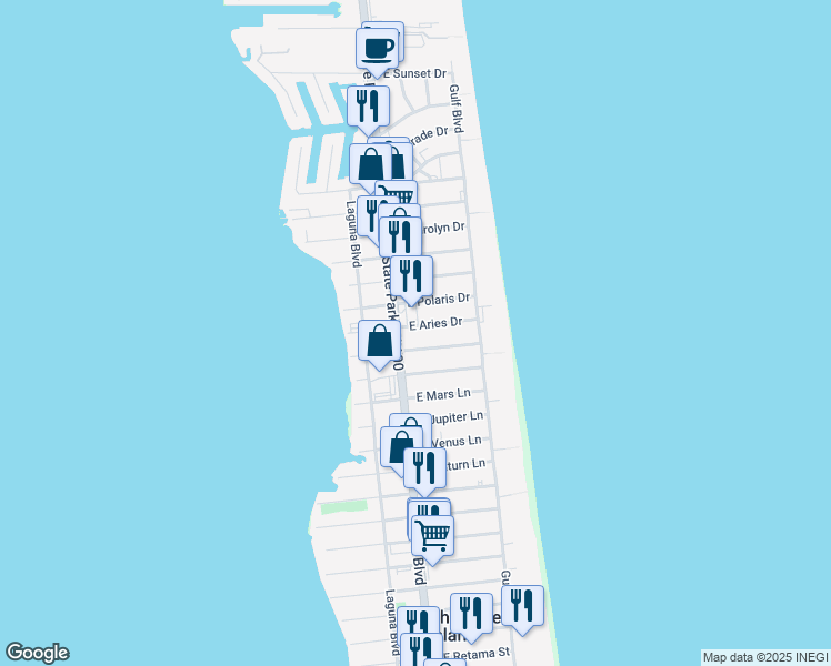 map of restaurants, bars, coffee shops, grocery stores, and more near 5000 Padre Boulevard in South Padre Island
