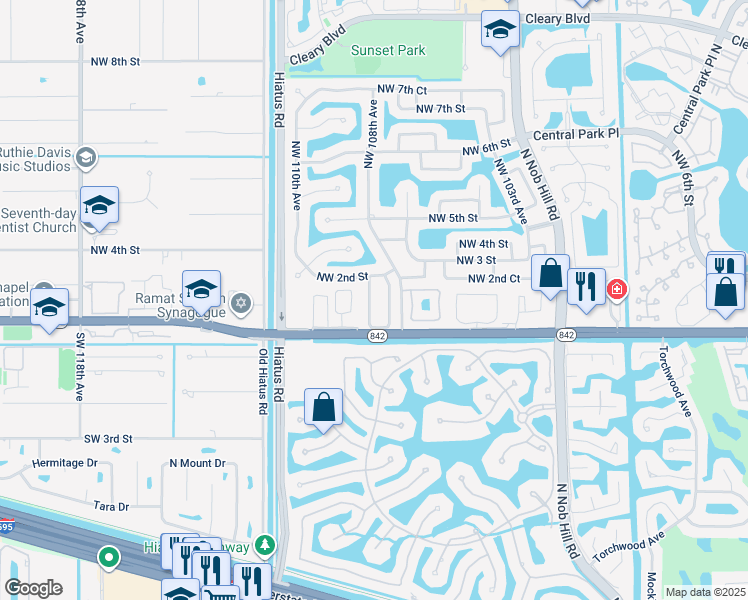 map of restaurants, bars, coffee shops, grocery stores, and more near 148 Northwest 108th Way in Plantation