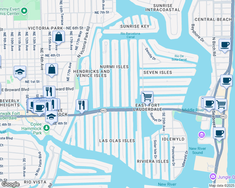 map of restaurants, bars, coffee shops, grocery stores, and more near 49 Fiesta Way in Fort Lauderdale