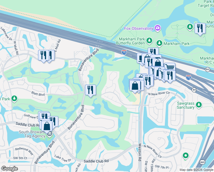 map of restaurants, bars, coffee shops, grocery stores, and more near 16349 Blatt Boulevard in Weston