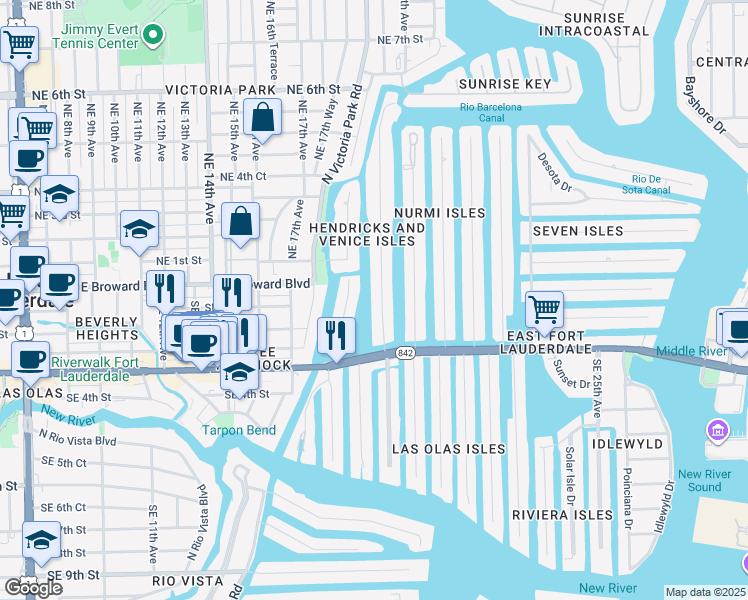 map of restaurants, bars, coffee shops, grocery stores, and more near 65 Hendricks Isle in Fort Lauderdale