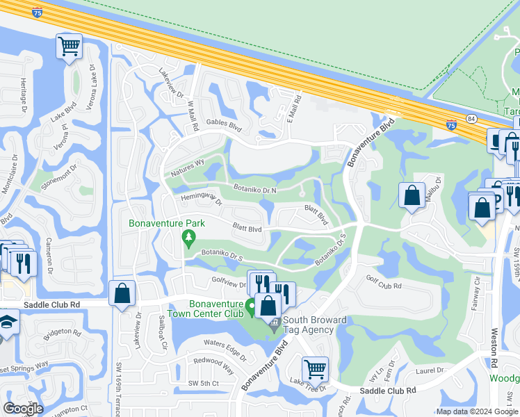 map of restaurants, bars, coffee shops, grocery stores, and more near 16645 Hemingway Drive in Weston