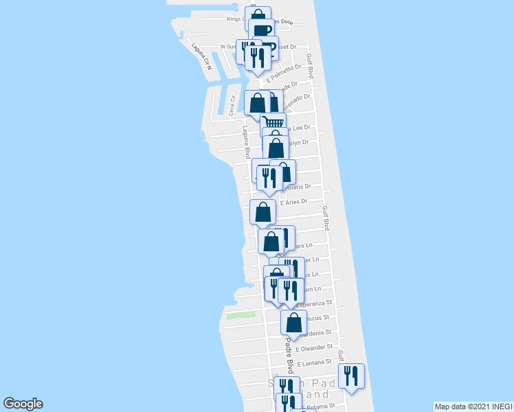 map of restaurants, bars, coffee shops, grocery stores, and more near 108 West Aries Drive in South Padre Island