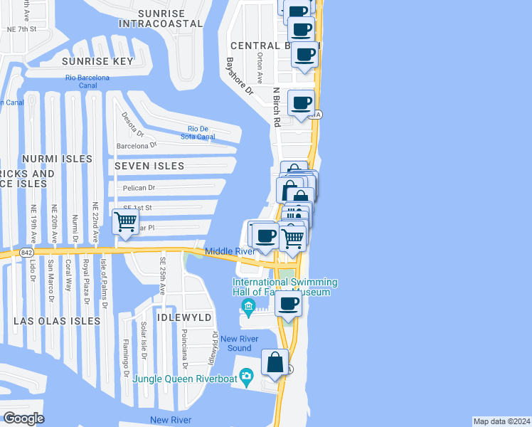 map of restaurants, bars, coffee shops, grocery stores, and more near 1 North Birch Road in Fort Lauderdale