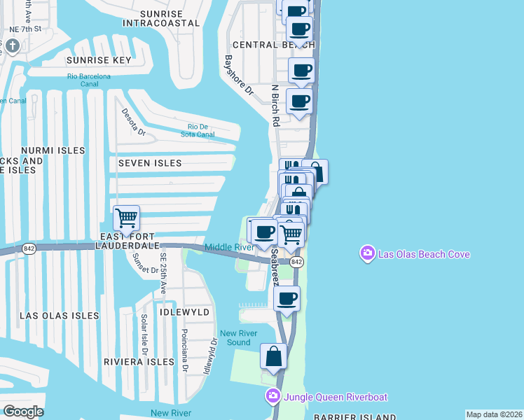map of restaurants, bars, coffee shops, grocery stores, and more near 1 North Birch Road in Fort Lauderdale