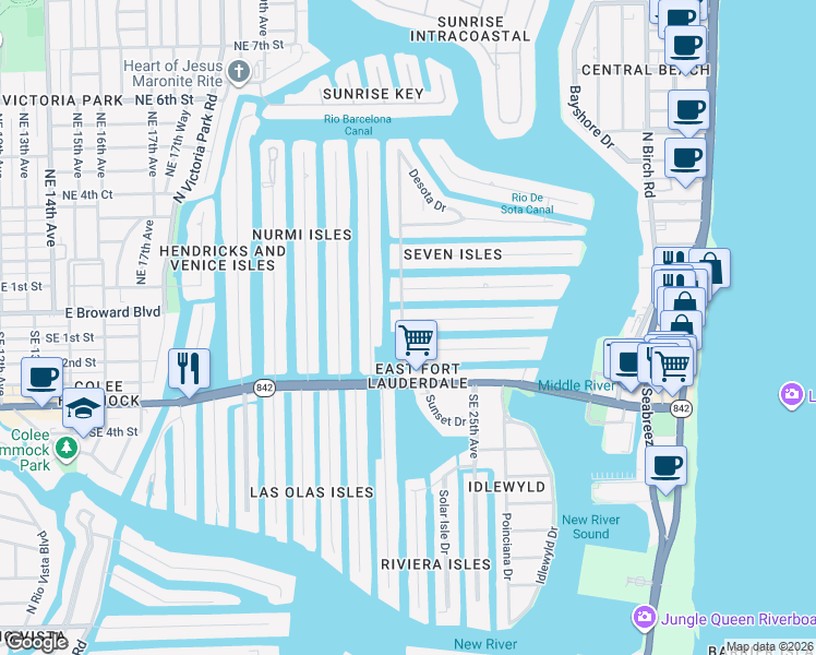 map of restaurants, bars, coffee shops, grocery stores, and more near 2307 Castilla Isle in Fort Lauderdale