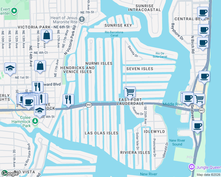 map of restaurants, bars, coffee shops, grocery stores, and more near 50 Nurmi Drive in Fort Lauderdale
