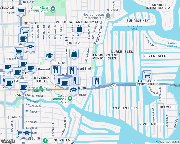 map of restaurants, bars, coffee shops, grocery stores, and more near 10 Southeast 17th Avenue in Fort Lauderdale