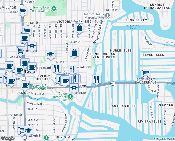 map of restaurants, bars, coffee shops, grocery stores, and more near 10 Southeast 17th Avenue in Fort Lauderdale