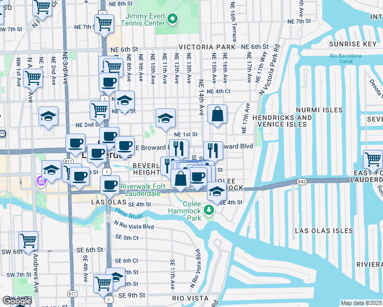 map of restaurants, bars, coffee shops, grocery stores, and more near 2 Southeast 13th Avenue in Fort Lauderdale