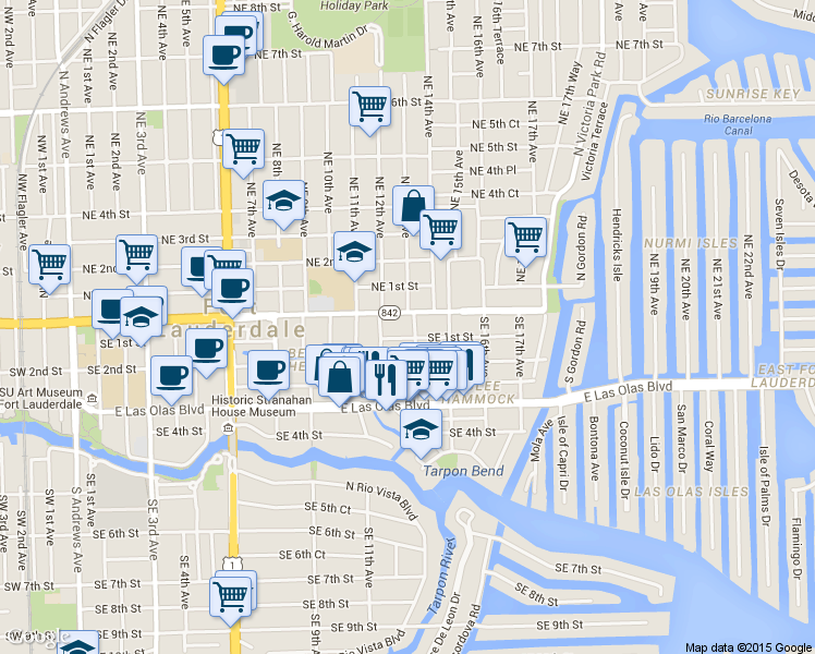 map of restaurants, bars, coffee shops, grocery stores, and more near 2 Southeast 13th Avenue in Fort Lauderdale