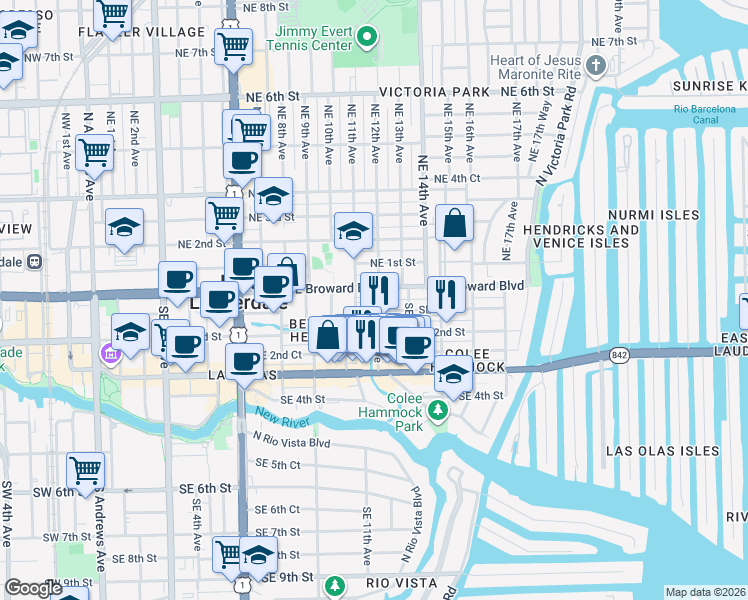 map of restaurants, bars, coffee shops, grocery stores, and more near 1142 East Broward Boulevard in Fort Lauderdale