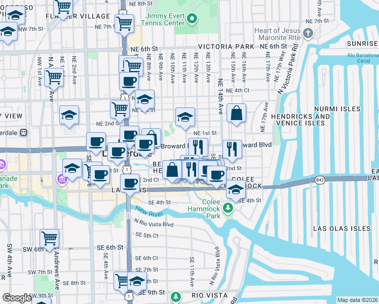 map of restaurants, bars, coffee shops, grocery stores, and more near 1142 East Broward Boulevard in Fort Lauderdale