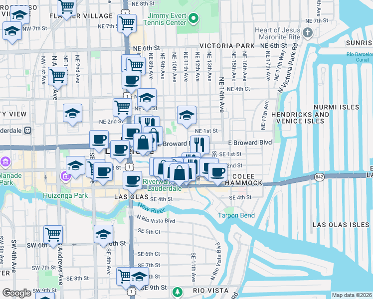 map of restaurants, bars, coffee shops, grocery stores, and more near 1000 East Broward Boulevard in Fort Lauderdale