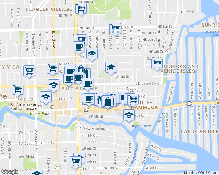 map of restaurants, bars, coffee shops, grocery stores, and more near 1000 East Broward Boulevard in Fort Lauderdale