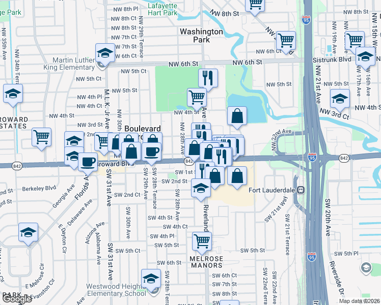 map of restaurants, bars, coffee shops, grocery stores, and more near 130 Northwest 28th Avenue in Fort Lauderdale