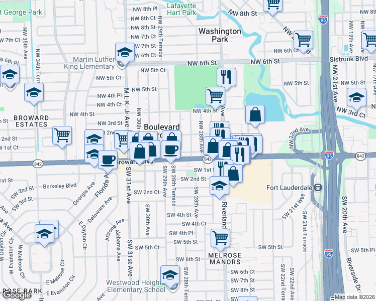 map of restaurants, bars, coffee shops, grocery stores, and more near 147 Northwest 28th Terrace in Fort Lauderdale