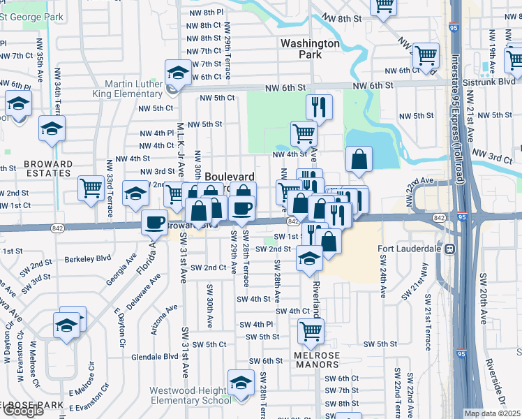 map of restaurants, bars, coffee shops, grocery stores, and more near 147 Northwest 28th Terrace in Fort Lauderdale