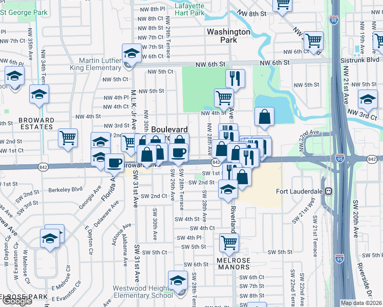 map of restaurants, bars, coffee shops, grocery stores, and more near 147 Northwest 28th Terrace in Fort Lauderdale