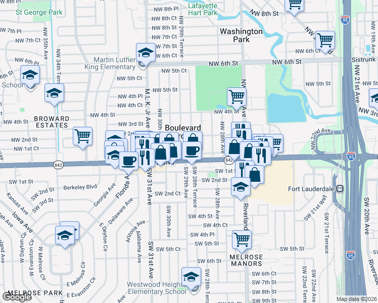 map of restaurants, bars, coffee shops, grocery stores, and more near 136 Northwest 29th Avenue in Fort Lauderdale