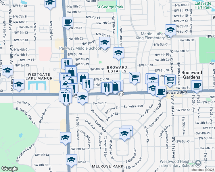 map of restaurants, bars, coffee shops, grocery stores, and more near 3571 Northwest 1st Court in Fort Lauderdale
