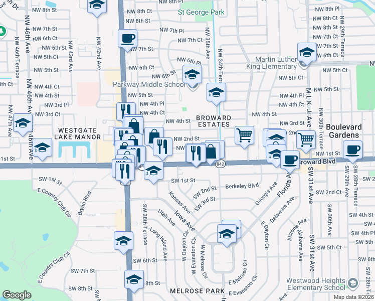 map of restaurants, bars, coffee shops, grocery stores, and more near 3571 Northwest 1st Court in Fort Lauderdale