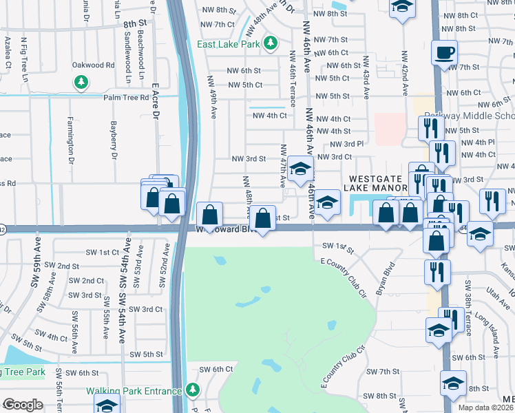 map of restaurants, bars, coffee shops, grocery stores, and more near 4789 Northwest 1st Court in Plantation