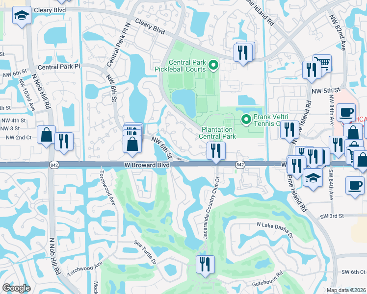 map of restaurants, bars, coffee shops, grocery stores, and more near 9333 Chelsea Drive South in Plantation