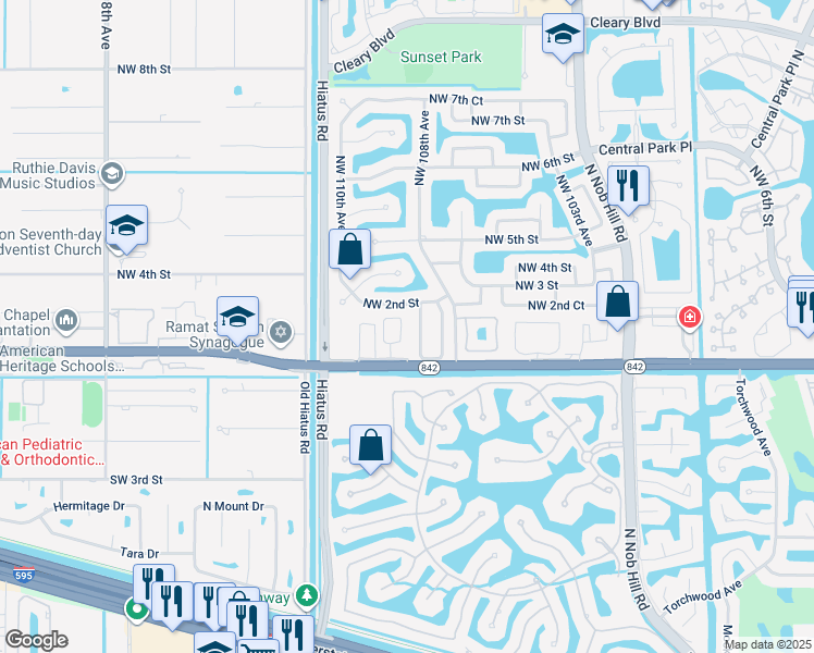 map of restaurants, bars, coffee shops, grocery stores, and more near 148 Northwest 108th Way in Plantation