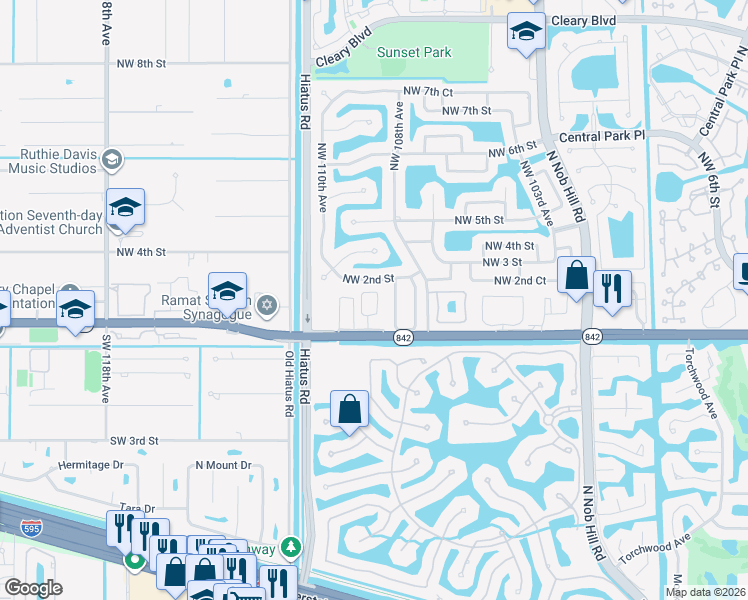 map of restaurants, bars, coffee shops, grocery stores, and more near 10924 Northwest 2nd Place in Plantation